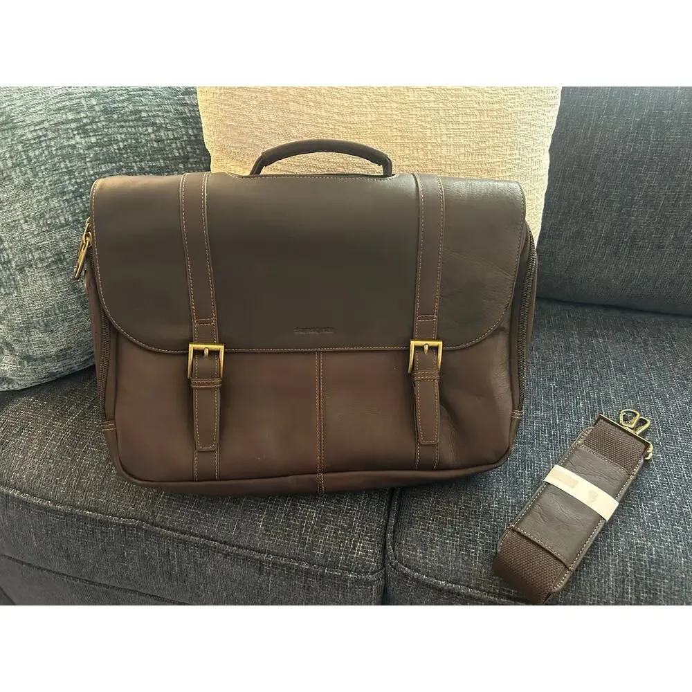 Samsonite Brown Leather Double Gusset Laptop Briefcase Messenger Bag 15.6”